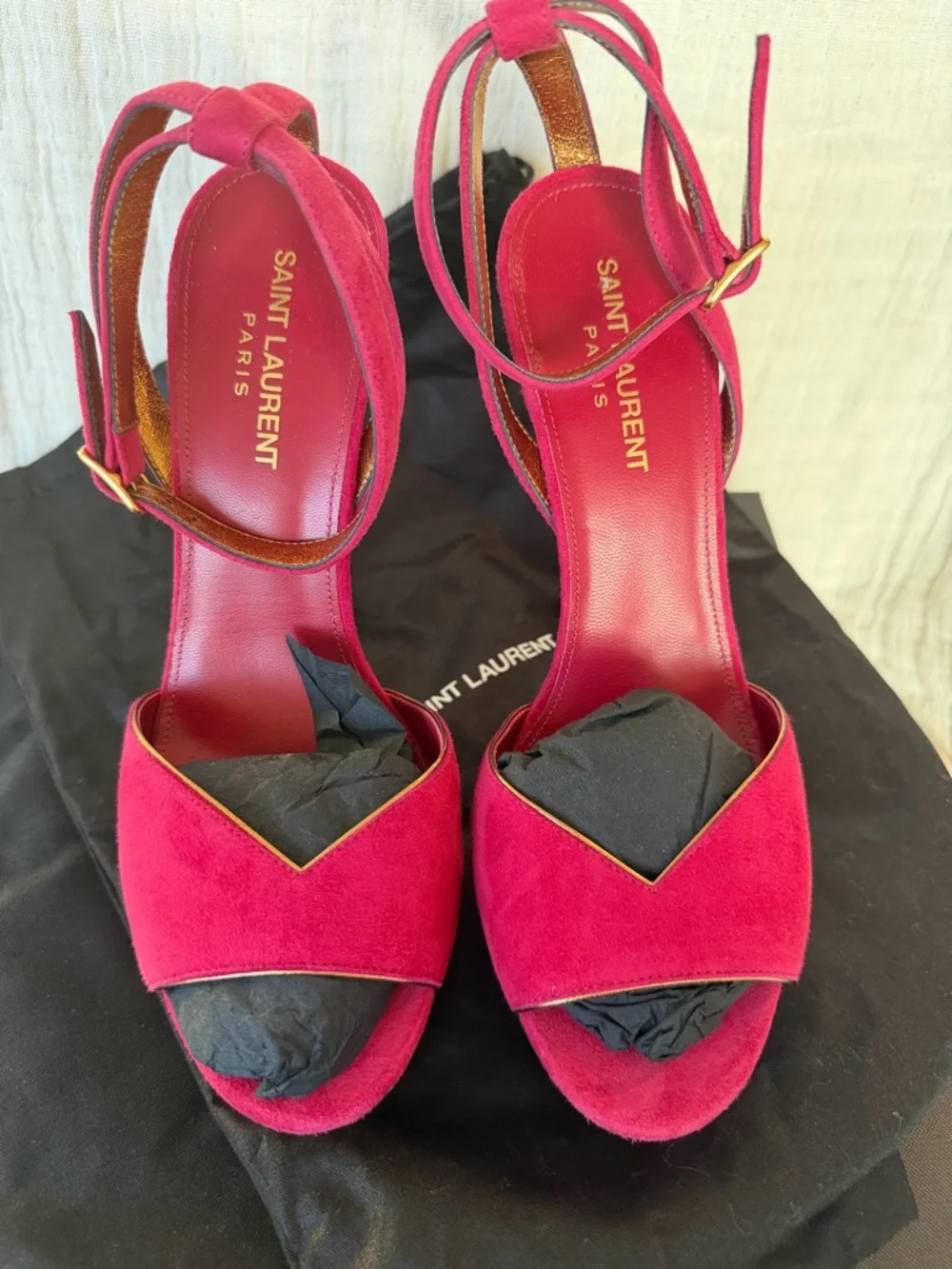 Saint Laurent Berry Red Suede Ankle-Strap Heels with Gold Trim - Picture 4 of 12